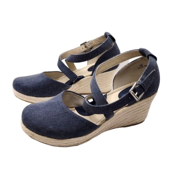 BOC Women Wedge Espadrille Sandals Size 8M Blue Denim Closed Toe Boho Office - Picture 1 of 8
